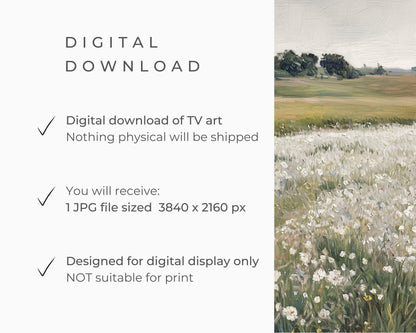 FRAME TV art White Wildflower Field, Spring landscape flower field tv art, Samsung Frame tv art sage green vintage style painting | TV602