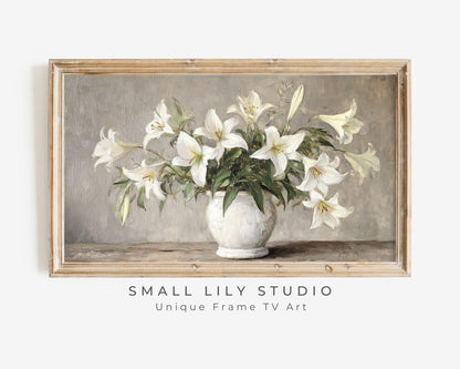 FRAME TV art White Lilies Still Life, Spring Samsung Frame tv art rustic farmhouse, Neutral floral tv artwork cottage decor | TV577