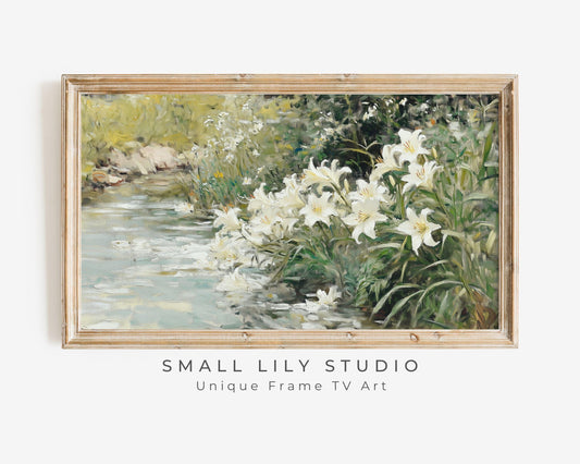 FRAME TV art White Lilies By Pond, Samsung Frame tv art vintage style floral painting sage green, Spring picture tv screensaver | TV604