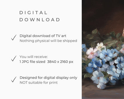 FRAME TV art Moody Blue Floral Basket, Vintage style still life flowers painting, Samsung Frame tv art botanical farmhouse artwork | TV605