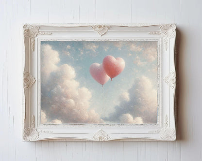 PRINTABLE Heart Balloons print, Cute Valentine's Day wall art pink love hearts, Vday romantic gift wedding anniversary vintage style | P053