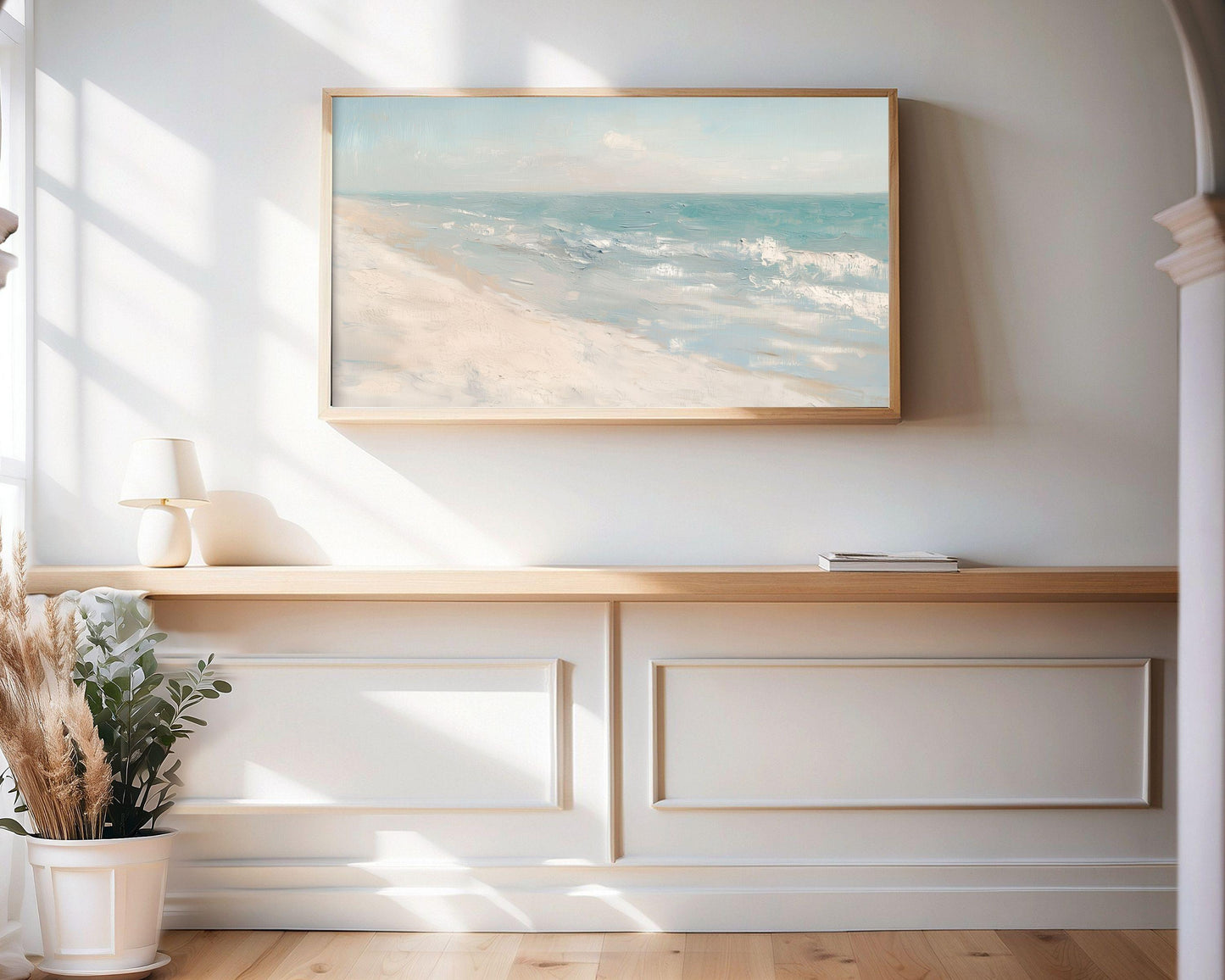 FRAME TV art Minimalist Beach, Coastal Samsung Frame tv art pastel blue white, Seaside ocean waves relaxing vintage style painting | TV631