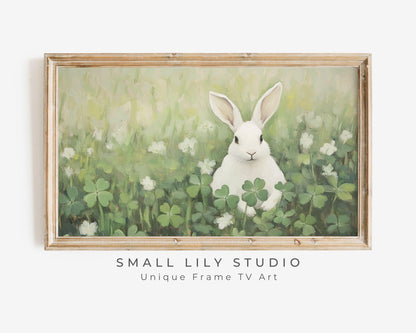 Spring FRAME TV art Bunny in Shamrocks, Easter Rabbit Samsung Frame tv art, Cute St Patrick's Day picture tv screensaver green | TV633