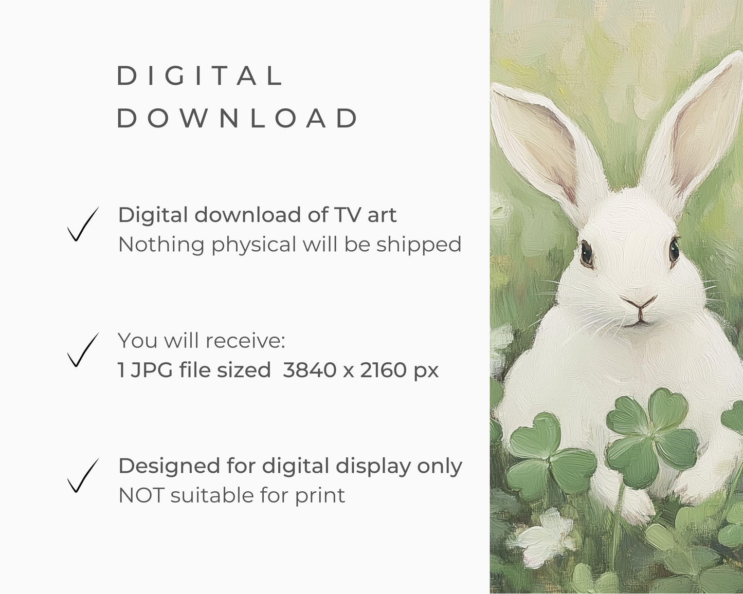 Spring FRAME TV art Bunny in Shamrocks, Easter Rabbit Samsung Frame tv art, Cute St Patrick's Day picture tv screensaver green | TV633