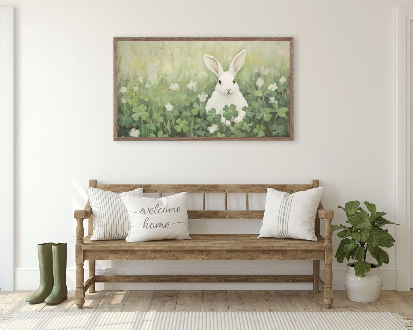 Spring FRAME TV art Bunny in Shamrocks, Easter Rabbit Samsung Frame tv art, Cute St Patrick's Day picture tv screensaver green | TV633