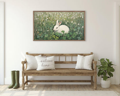 FRAME TV art White Rabbit in Clovers, Spring Samsung Frame tv art Easter bunny, St Patrick's Day vintage style painting green | TV635