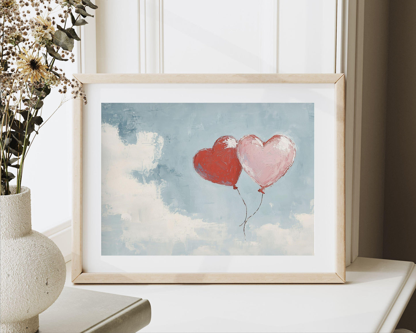 PRINTABLE Heart Balloons print, Cute Valentine's Day wall art pink love hearts, Vday romantic gift wedding anniversary vintage style | P118