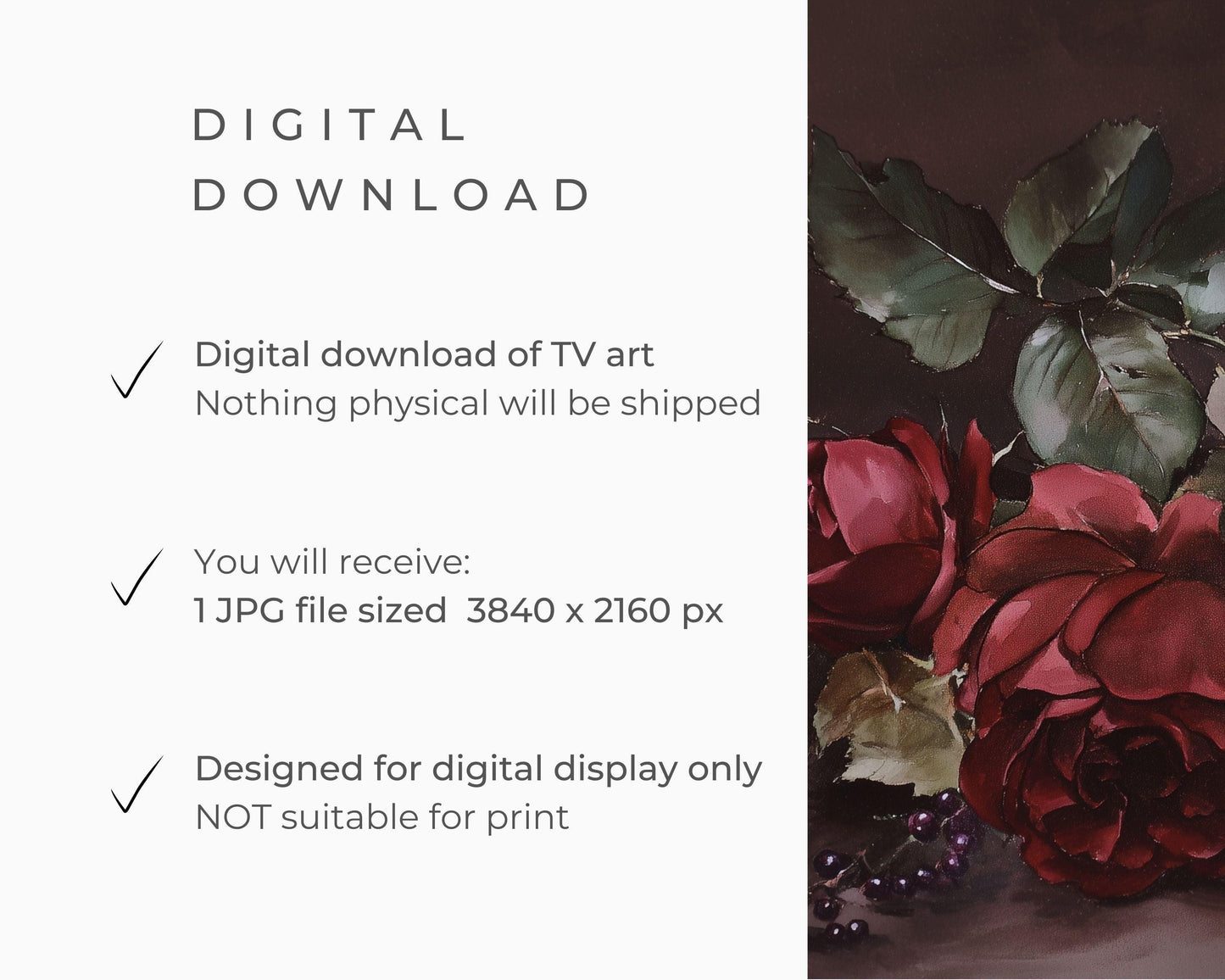 FRAME TV art Moody Roses, Dark Floral Samsung Frame TV art, Valentine's Day art burgundy flowers, Vintage style watercolor painting | TV618