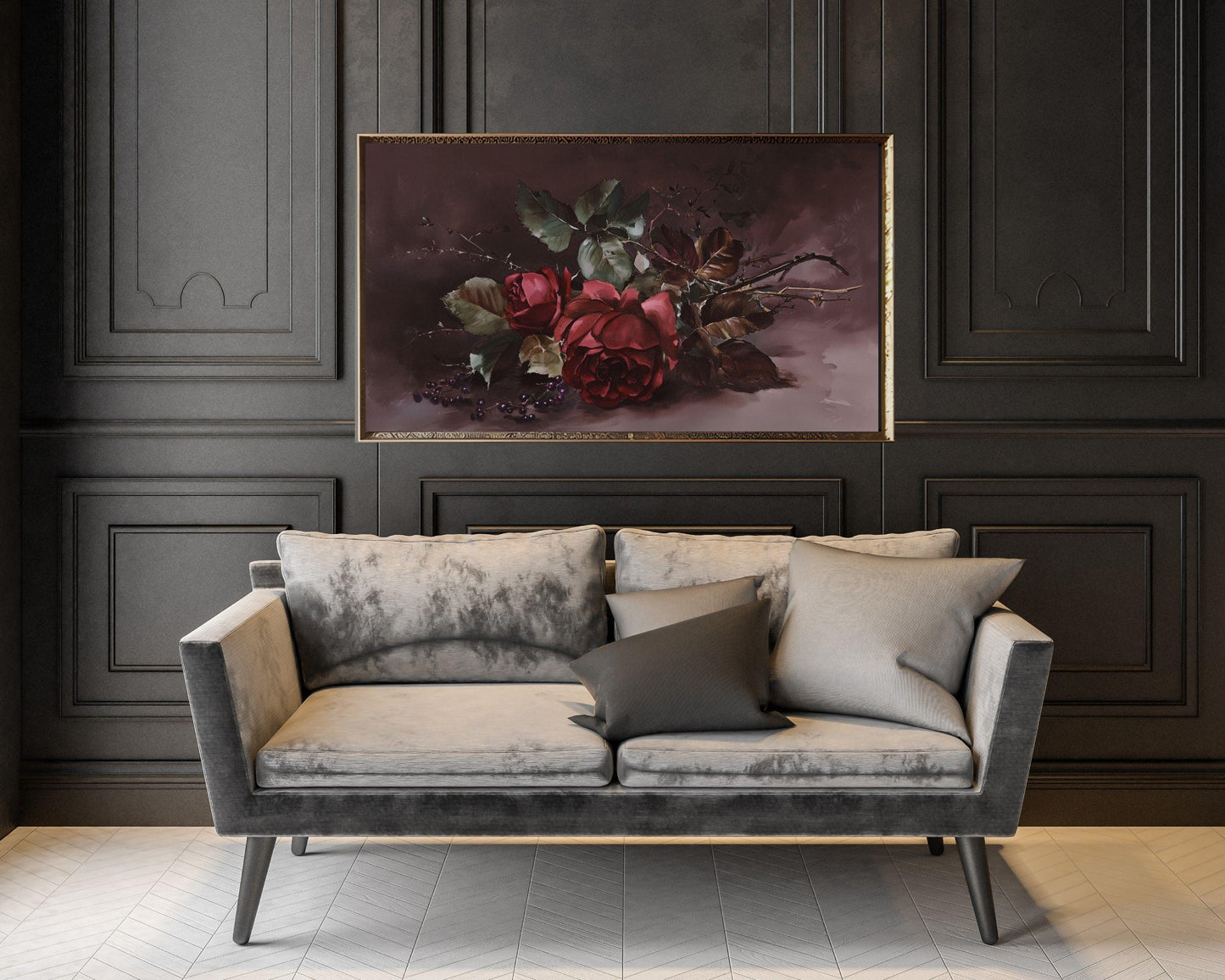 FRAME TV art Moody Roses, Dark Floral Samsung Frame TV art, Valentine's Day art burgundy flowers, Vintage style watercolor painting | TV618