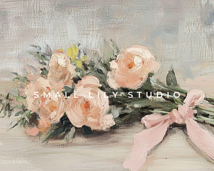 FRAME TV art Rustic Pink Flowers, Spring TV art, Samsung Frame tv art Farmhouse Florals, Vintage style painting peach coral pink bow | TV647