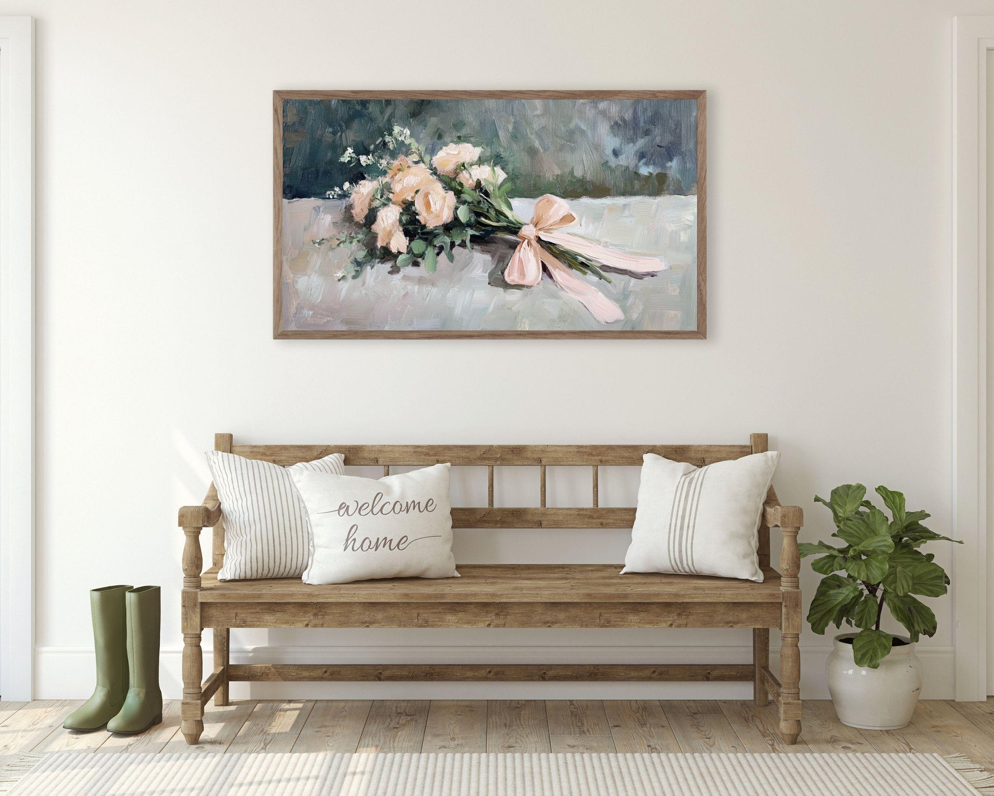 FRAME TV art Pink Flowers with Bow, Spring Samsung Frame tv art, Farmhouse Floral art Vintage style painting peach coral pink | TV648