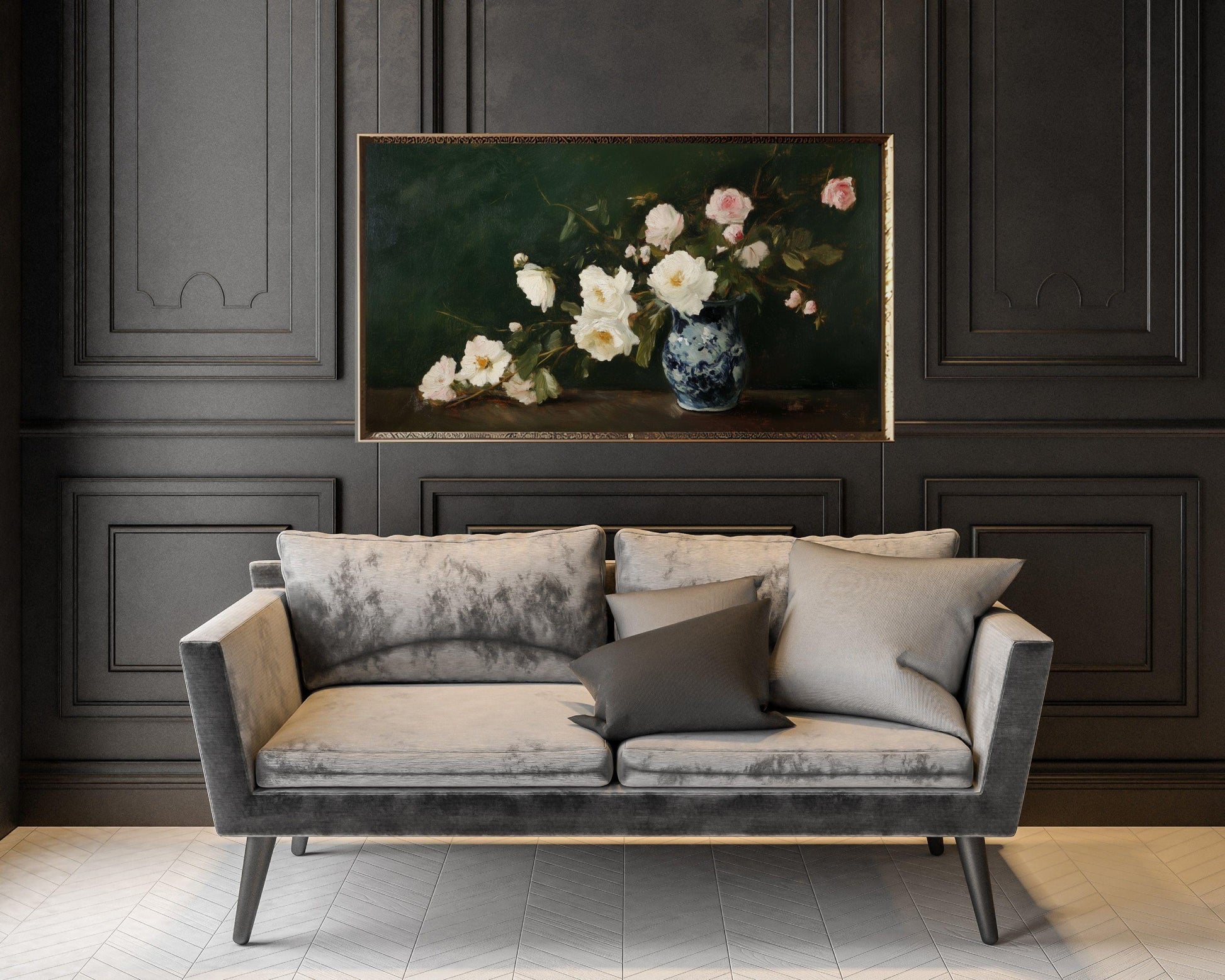 FRAME TV art Roses in Oriental Vase, Samsung Frame tv art vintage style flower still life painting, Dark green moody floral artwork | TV619