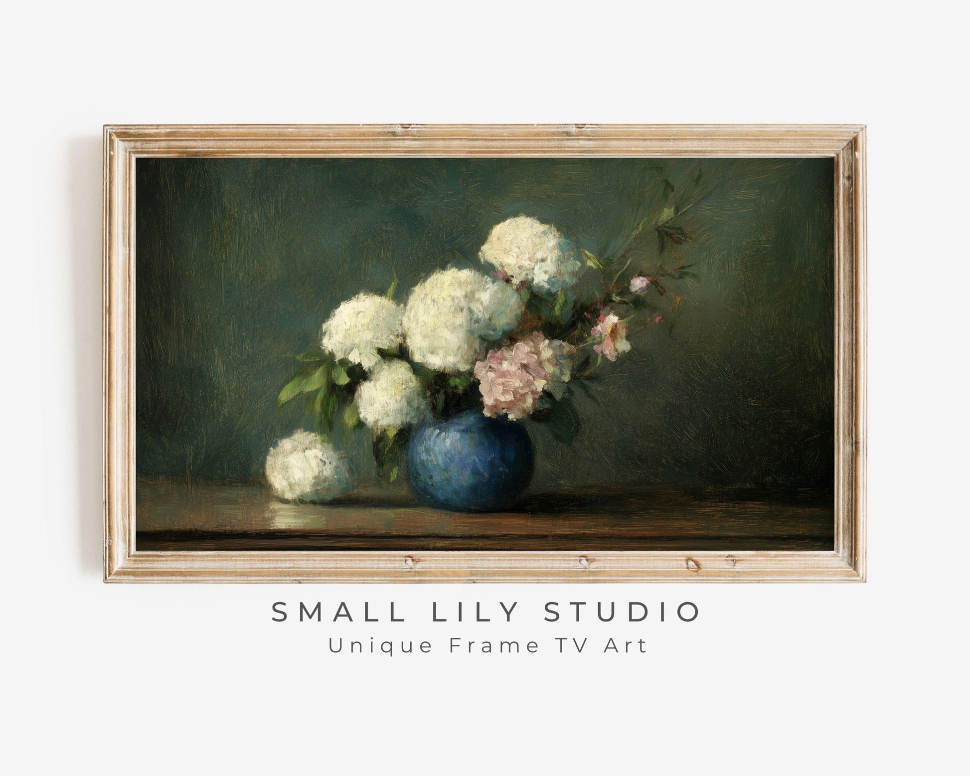 FRAME TV art Hydrangeas in Blue Vase, Samsung Frame tv art vintage style flower still life painting, Dark green moody floral artwork | TV620