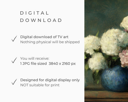 FRAME TV art Hydrangeas in Blue Vase, Samsung Frame tv art vintage style flower still life painting, Dark green moody floral artwork | TV620