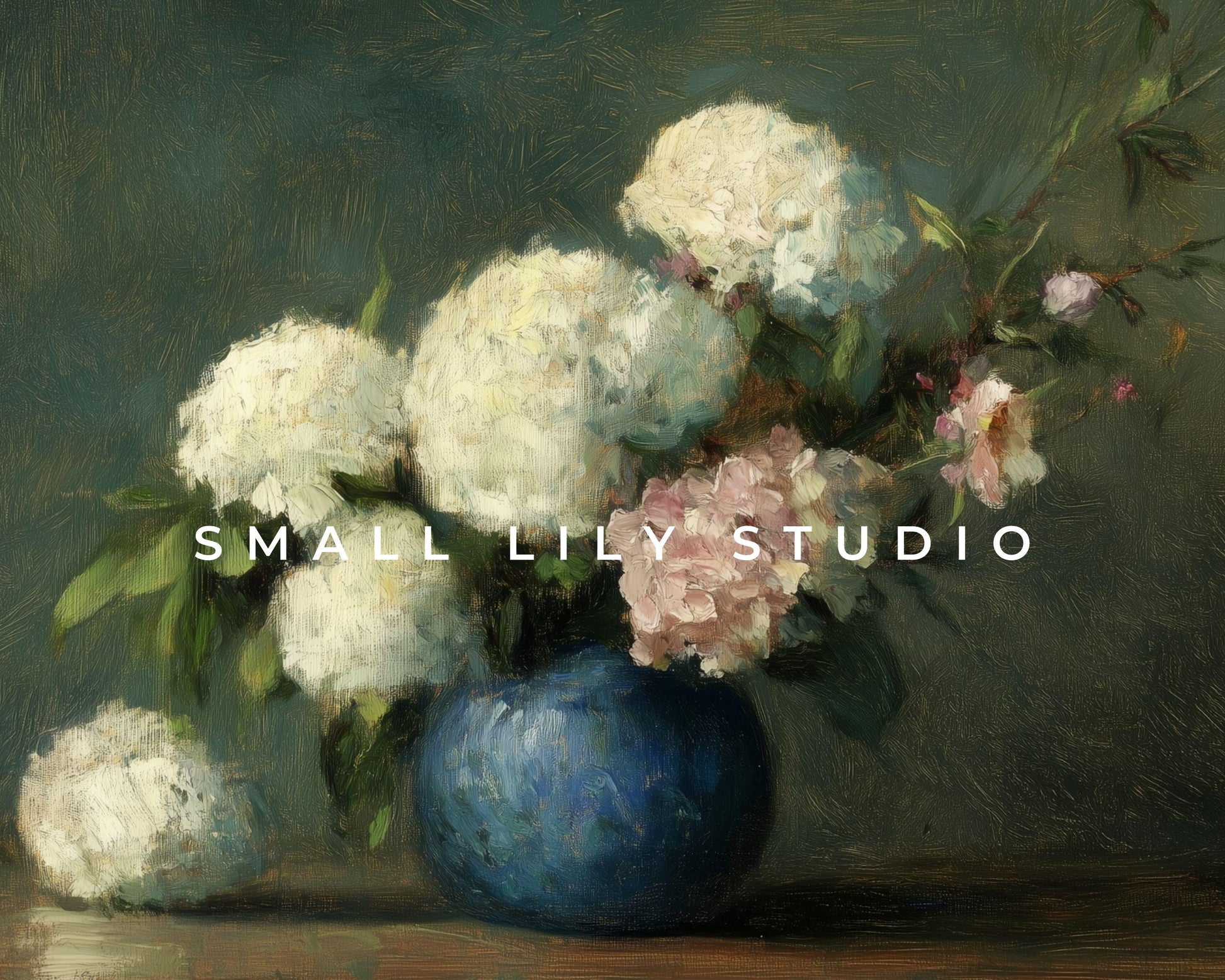 FRAME TV art Hydrangeas in Blue Vase, Samsung Frame tv art vintage style flower still life painting, Dark green moody floral artwork | TV620