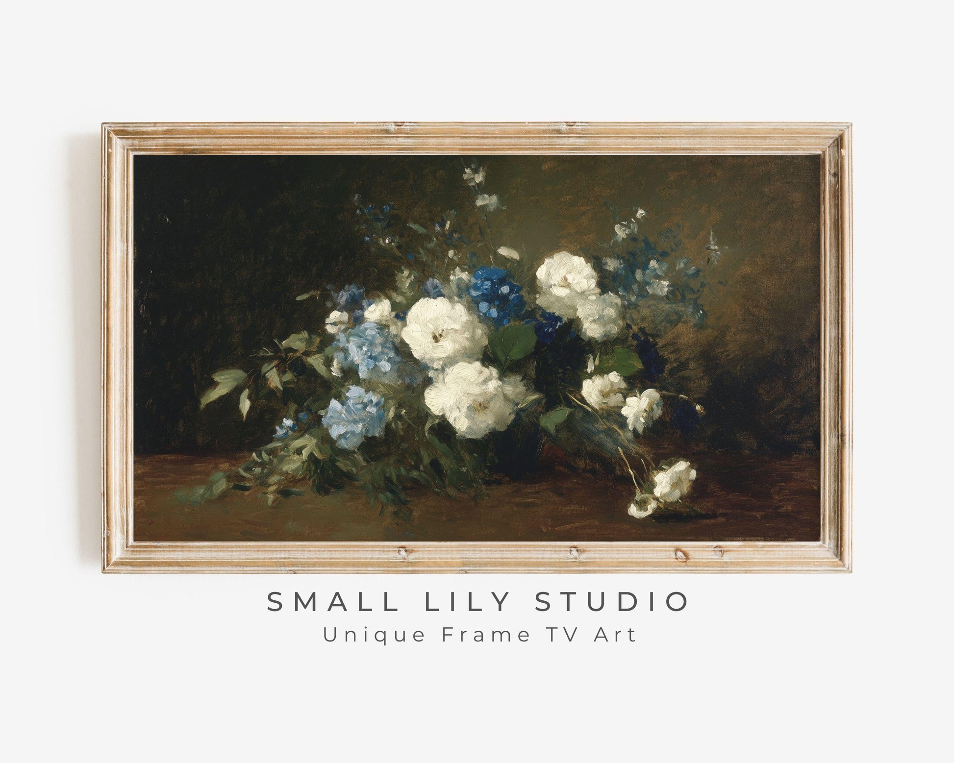 FRAME TV art Blue and White Still Life Flowers, Samsung Frame tv art vintage style flower painting, Dark moody floral artwork | TV621