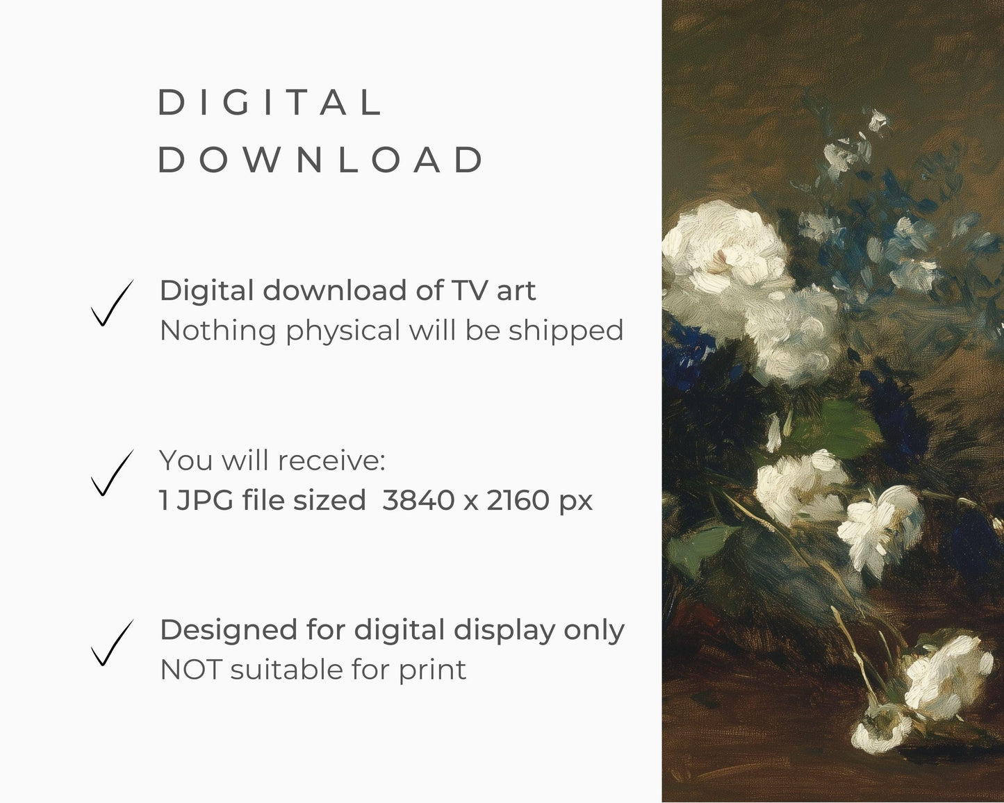 FRAME TV art Blue and White Still Life Flowers, Samsung Frame tv art vintage style flower painting, Dark moody floral artwork | TV621