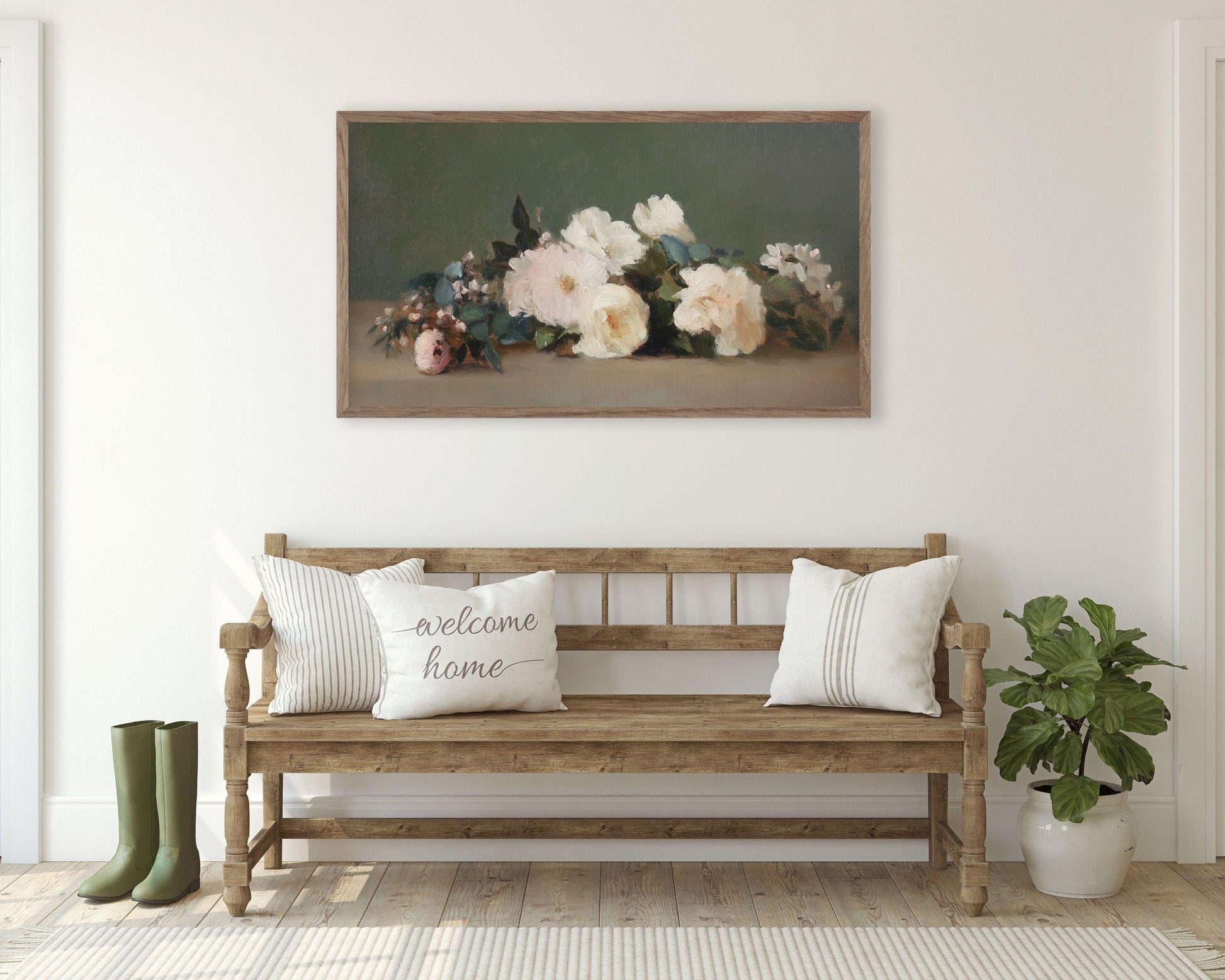 Pink Roses on Green Frame TV Art