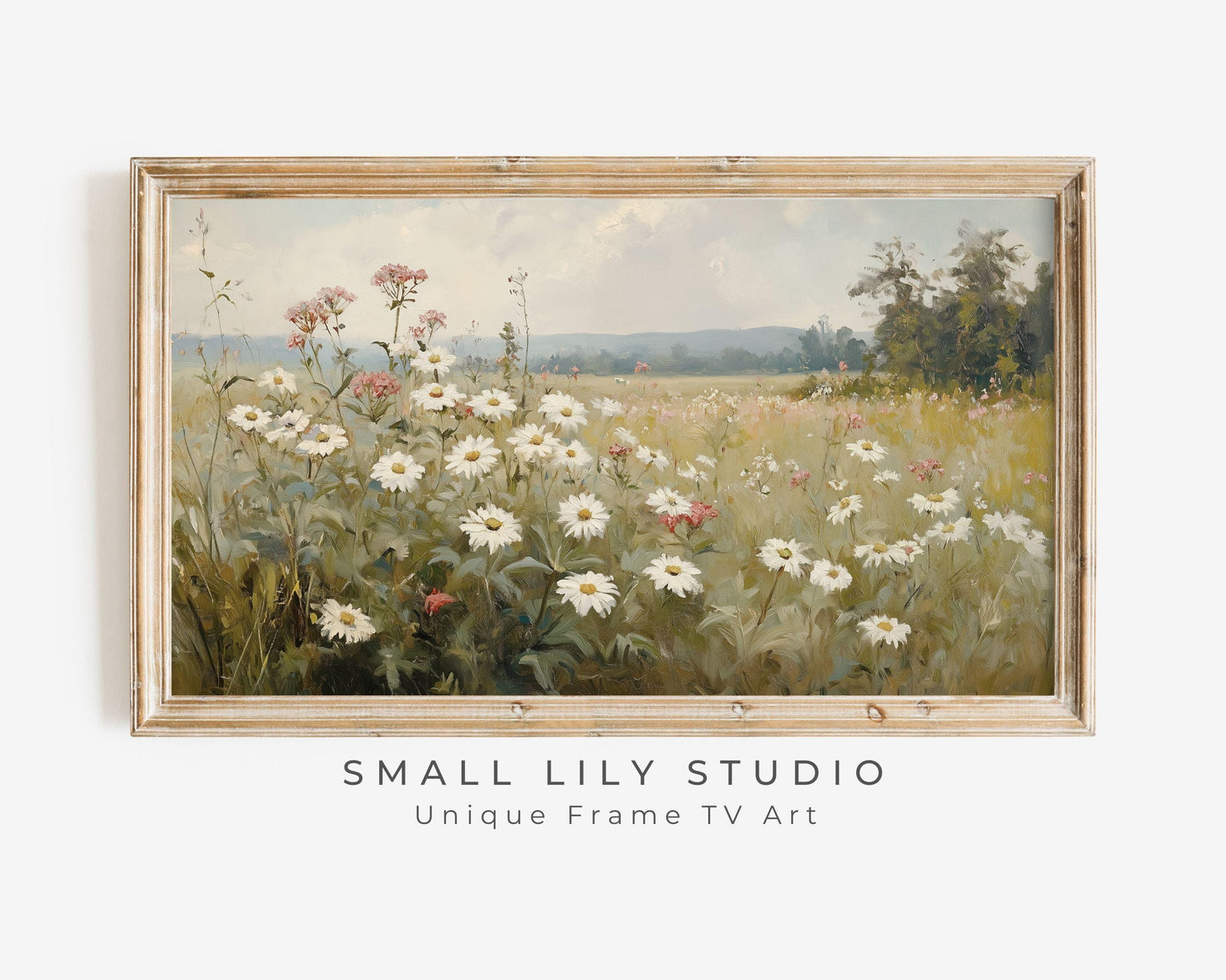 FRAME TV art Field of Daisies, Samsung Frame tv art vintage style painting Spring landscape, Wildflowers grasses sage green white | TV624