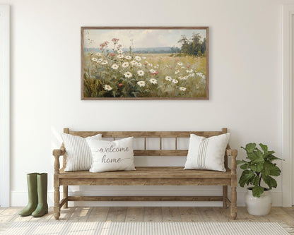 FRAME TV art Field of Daisies, Samsung Frame tv art vintage style painting Spring landscape, Wildflowers grasses sage green white | TV624