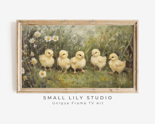 FRAME TV art Easter Chicks, Cute Easter tv artwork for kids, Farmhouse Easter Samsung Frame tv vintage painting style screensaver | TV614