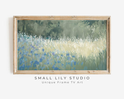 FRAME TV art Blue Wildflower Field Vintage Style Painting, Samsung Frame TV art Spring floral landscape textured blue green meadow | TV616