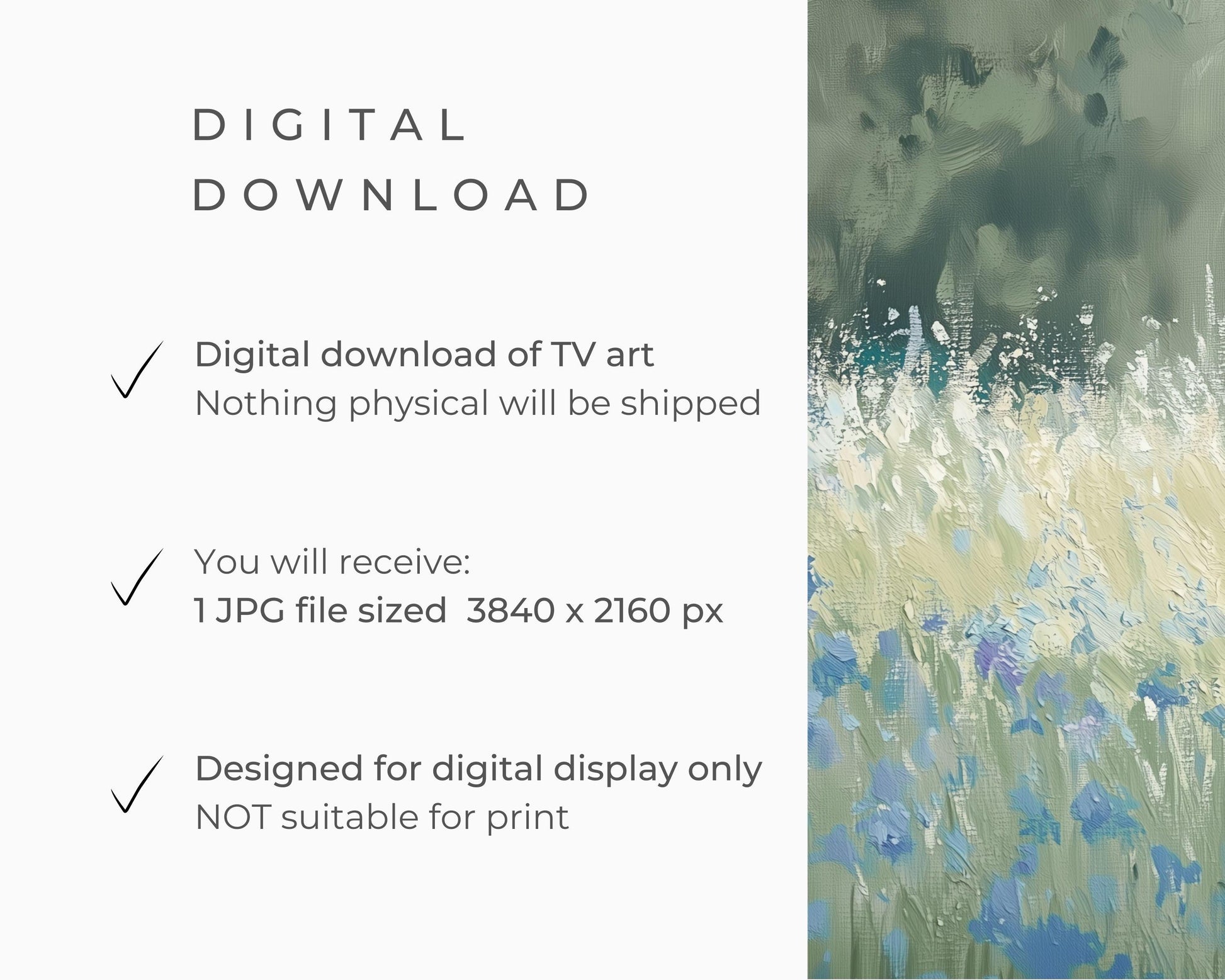 FRAME TV art Blue Wildflower Field Vintage Style Painting, Samsung Frame TV art Spring floral landscape textured blue green meadow | TV616