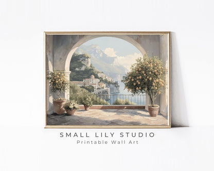 PRINTABLE Amalfi Coast Italy Print, Italian Mediterranean Landscape Wall Art, Summer Coastal Lemon Tree painting for kitchen | P120