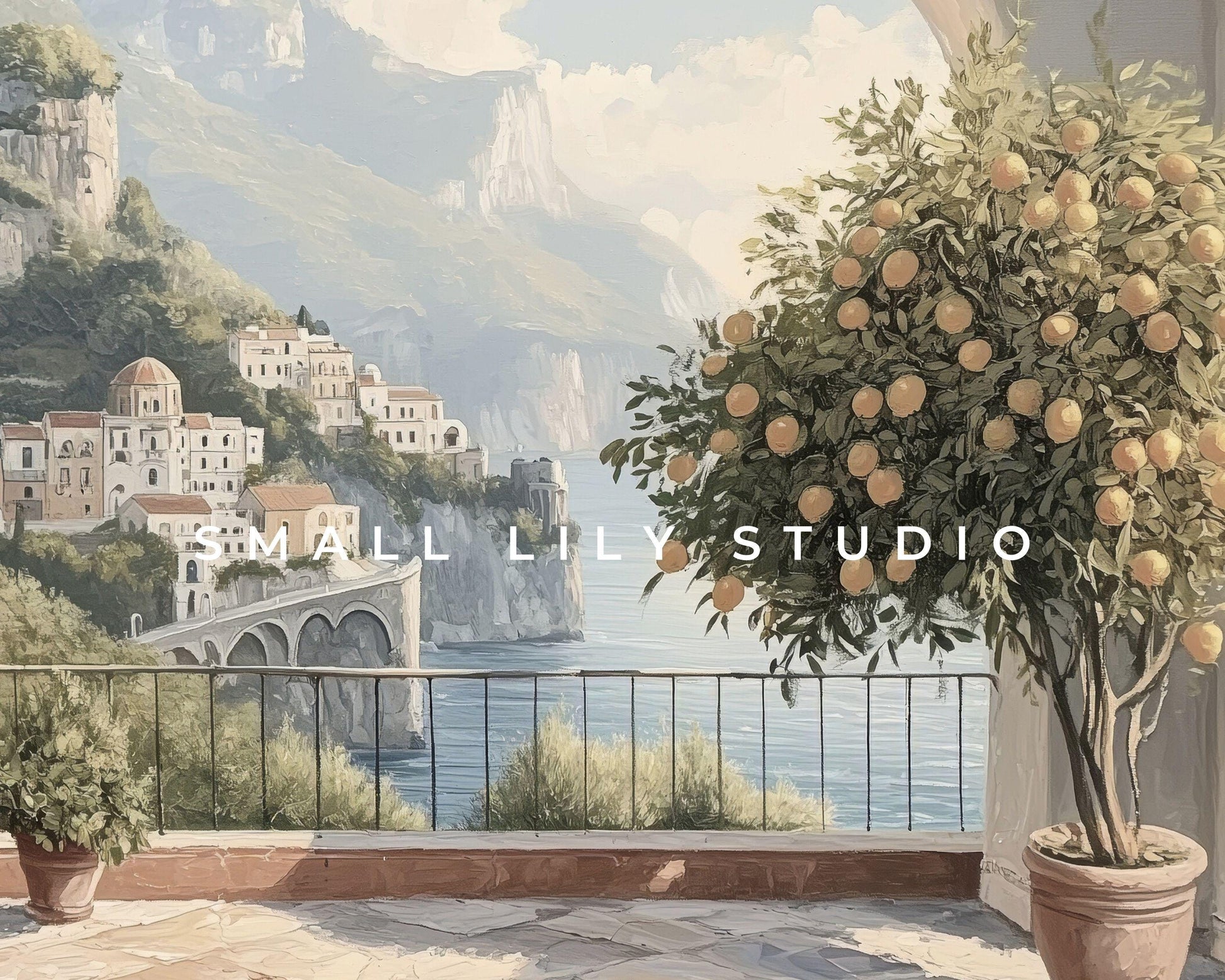 PRINTABLE Amalfi Coast Italy Print, Italian Mediterranean Landscape Wall Art, Summer Coastal Lemon Tree painting for kitchen | P120