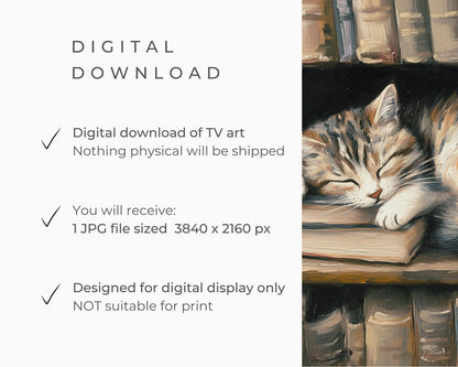 FRAME TV art Cat Sleeping with Books, Samsung Frame TV art for Book lovers, Cute Cat Lover vintage style tv picture bookish painting | TV654