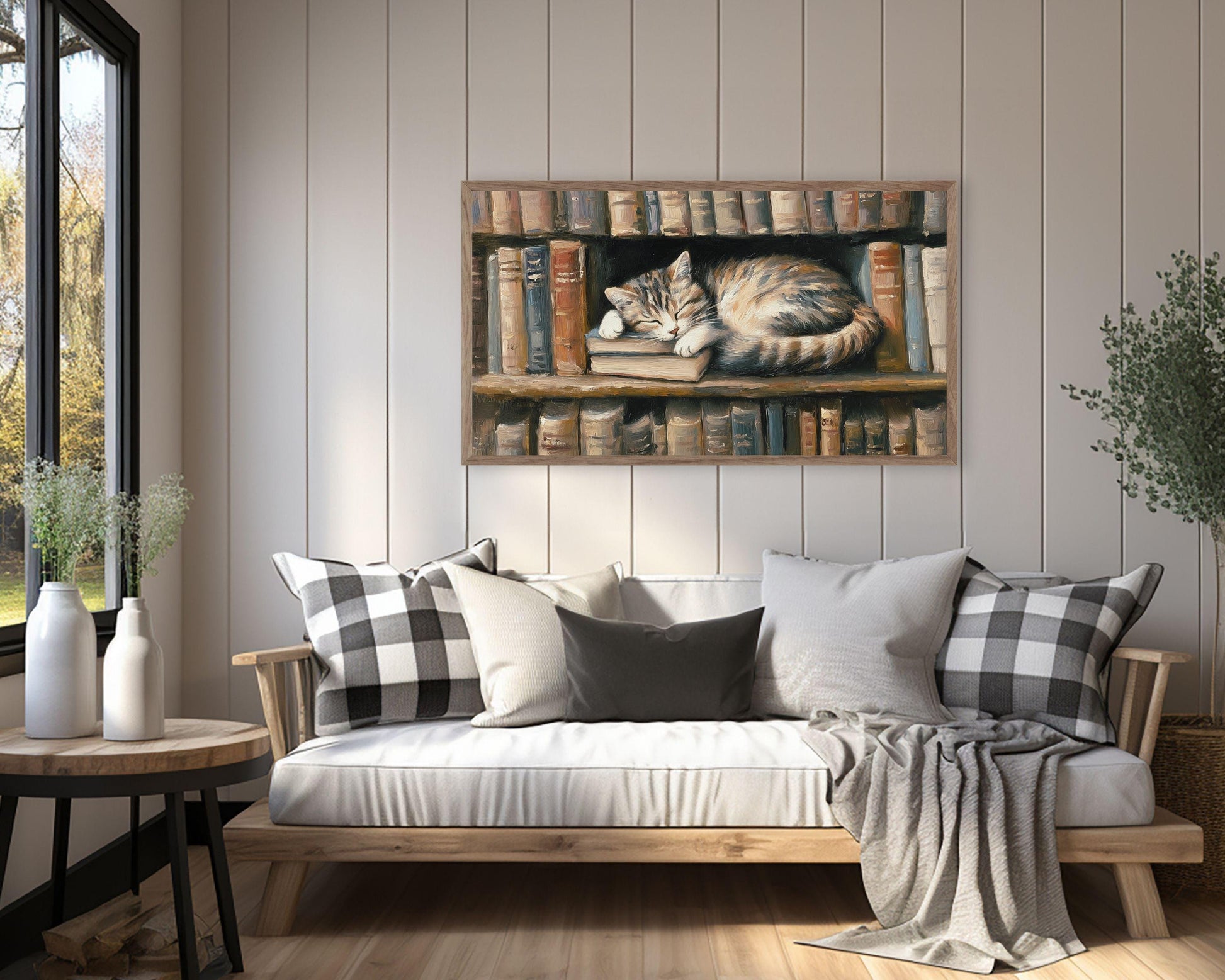 Cat Sleeping with Books Frame TV Art