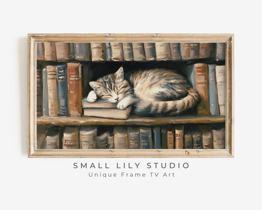 FRAME TV art Cat Sleeping with Books, Samsung Frame TV art for Book lovers, Cute Cat Lover vintage style tv picture bookish painting | TV654