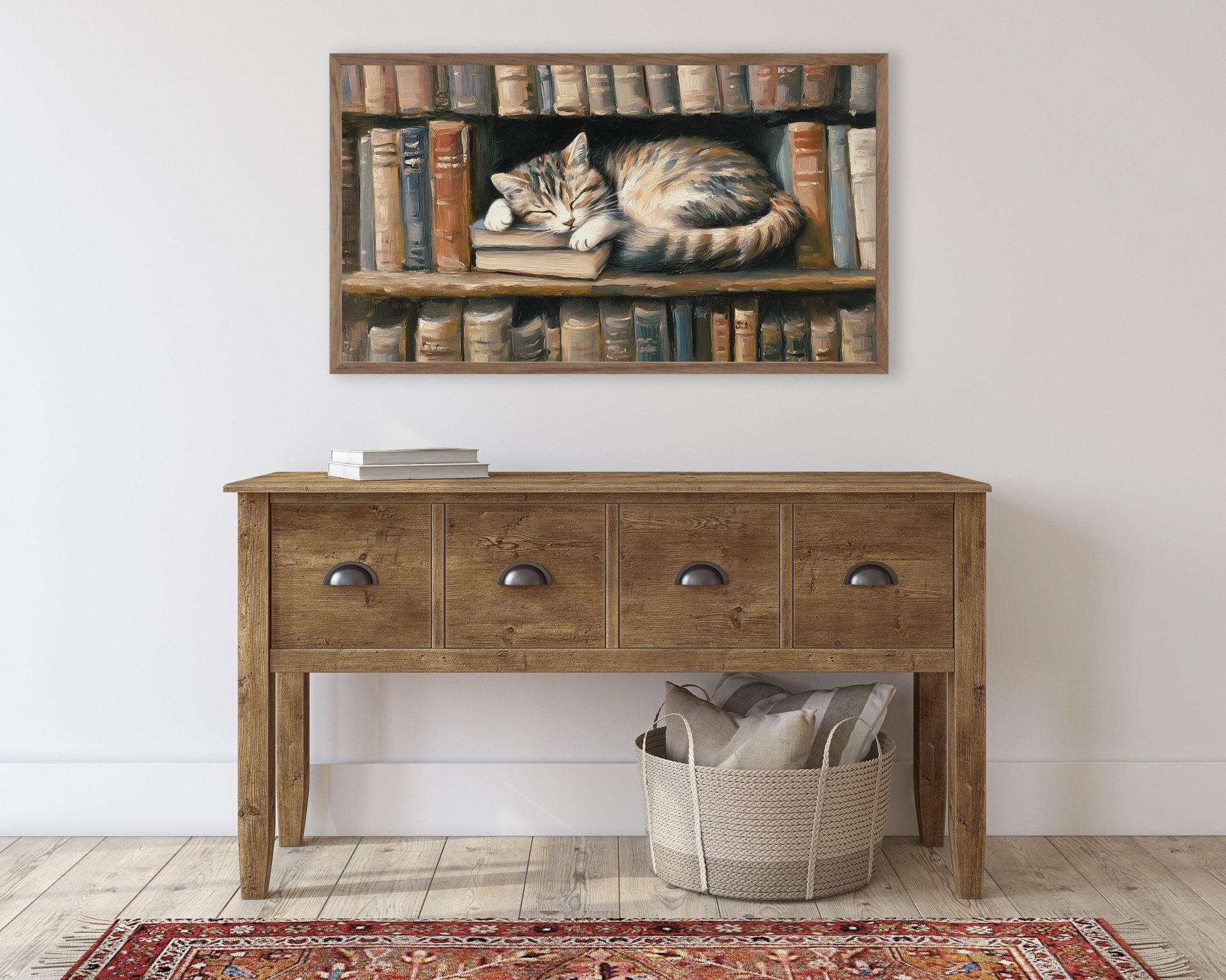 Cat Sleeping with Books Frame TV Art