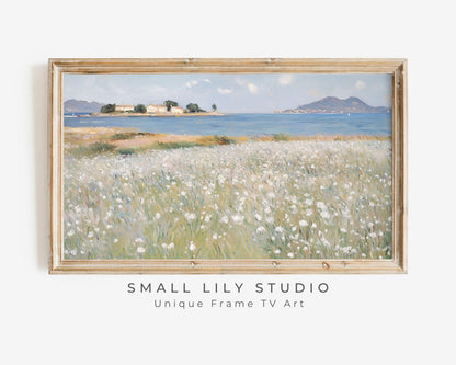 FRAME TV art White Wildflowers by the Sea, Spring field of flowers Samsung Frame tv art floral, Summer coastal flowers tv artwork | TV626