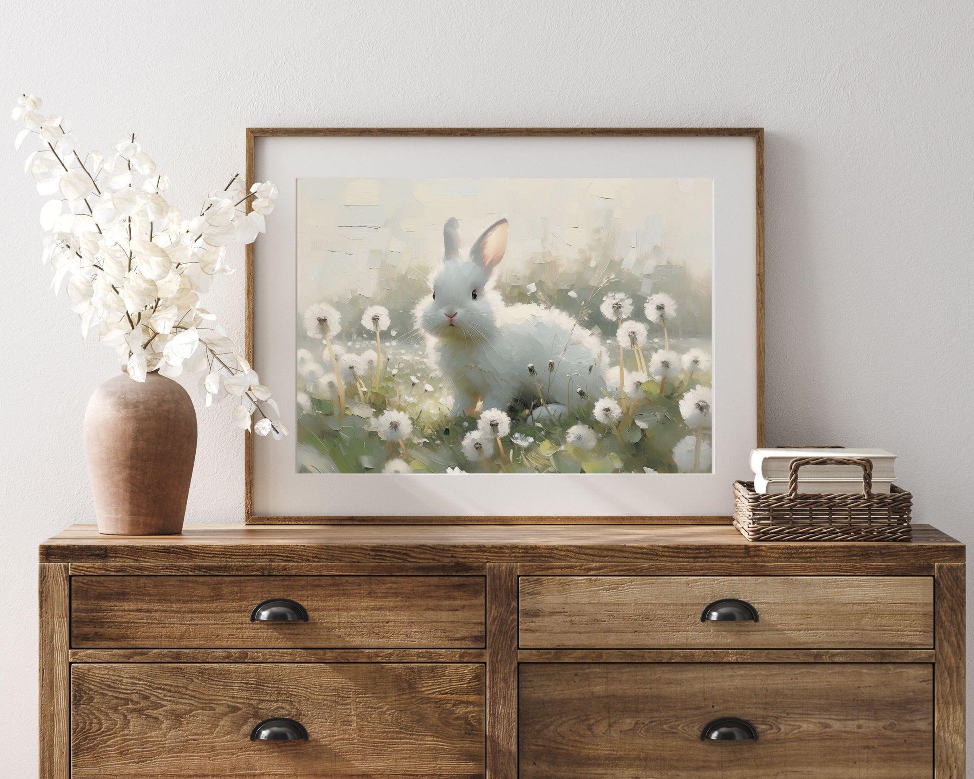 White Bunny in Dandelions Printable Wall Art