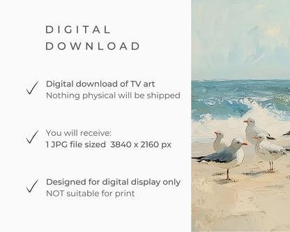 FRAME TV art Seagulls on Beach, Coastal Samsung Frame tv art, Summer ocean waves seaside holiday picture, Bird lover tv screensaver | TV629