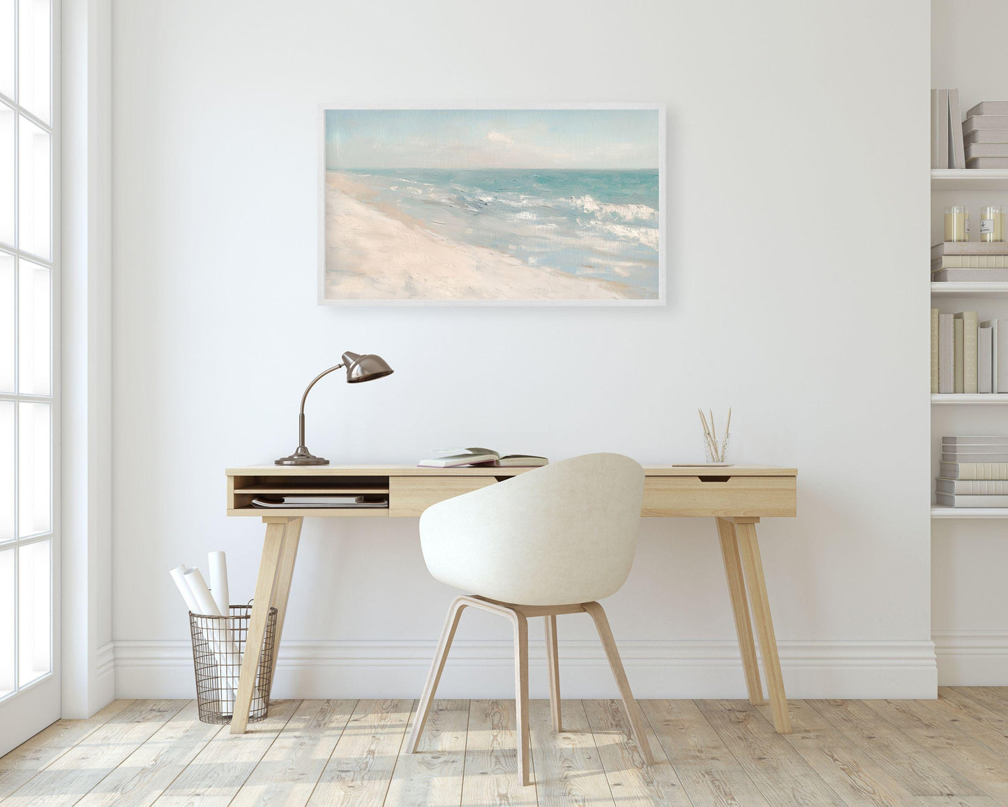 FRAME TV art Minimalist Beach, Coastal Samsung Frame tv art pastel blue white, Seaside ocean waves relaxing vintage style painting | TV631