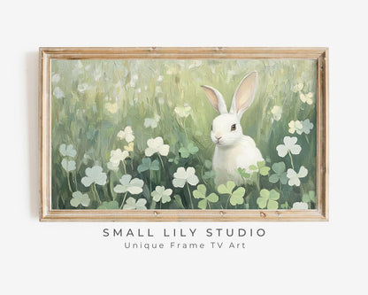 Spring FRAME TV art Bunny in Clovers, Easter Rabbit Samsung Frame tv art, Cute St Patrick's Day picture tv screensaver green | TV634