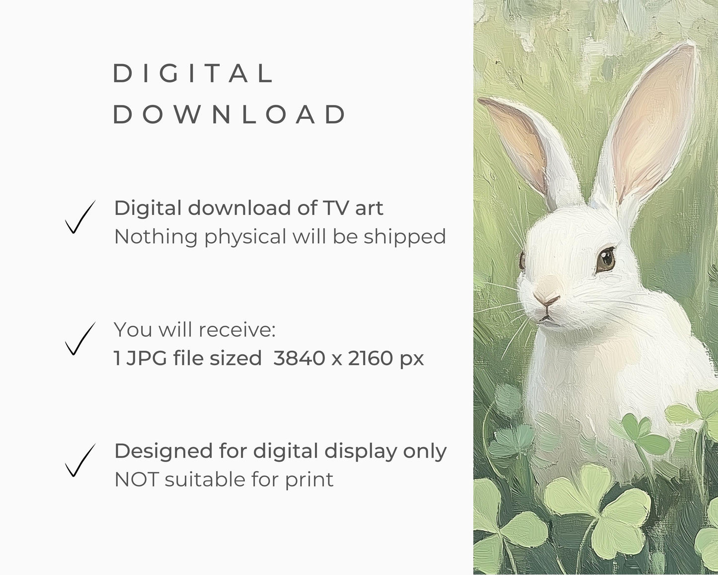 Spring FRAME TV art Bunny in Clovers, Easter Rabbit Samsung Frame tv art, Cute St Patrick's Day picture tv screensaver green | TV634