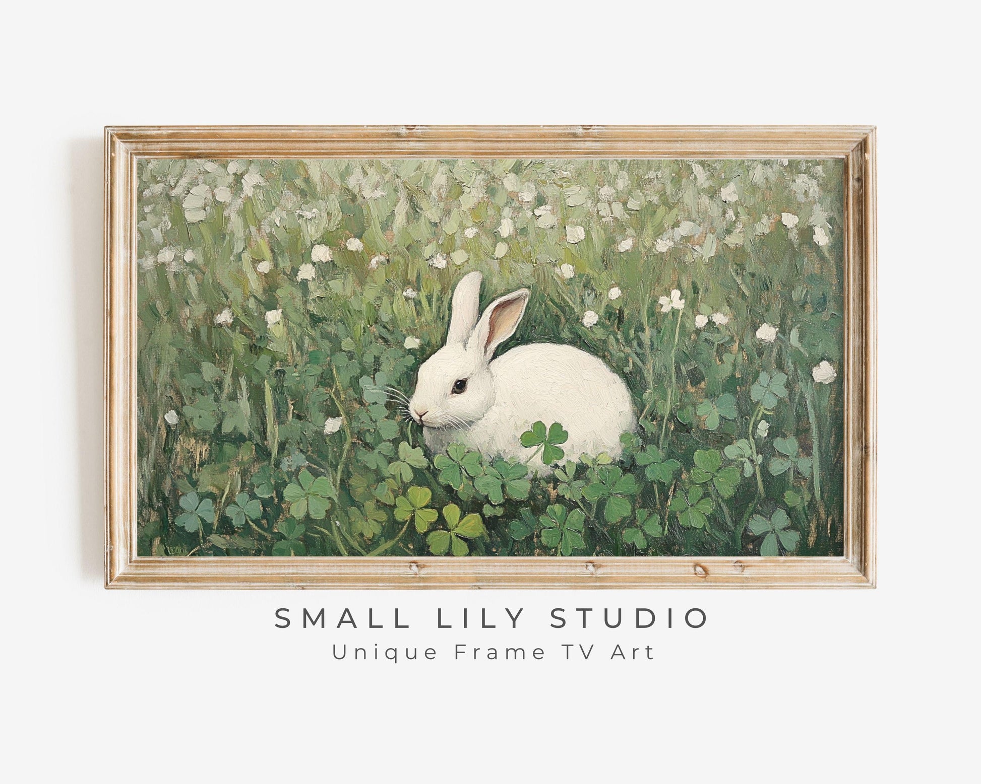 FRAME TV art White Rabbit in Clovers, Spring Samsung Frame tv art Easter bunny, St Patrick's Day vintage style painting green | TV635