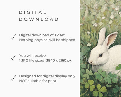 FRAME TV art White Rabbit in Clovers, Spring Samsung Frame tv art Easter bunny, St Patrick's Day vintage style painting green | TV635