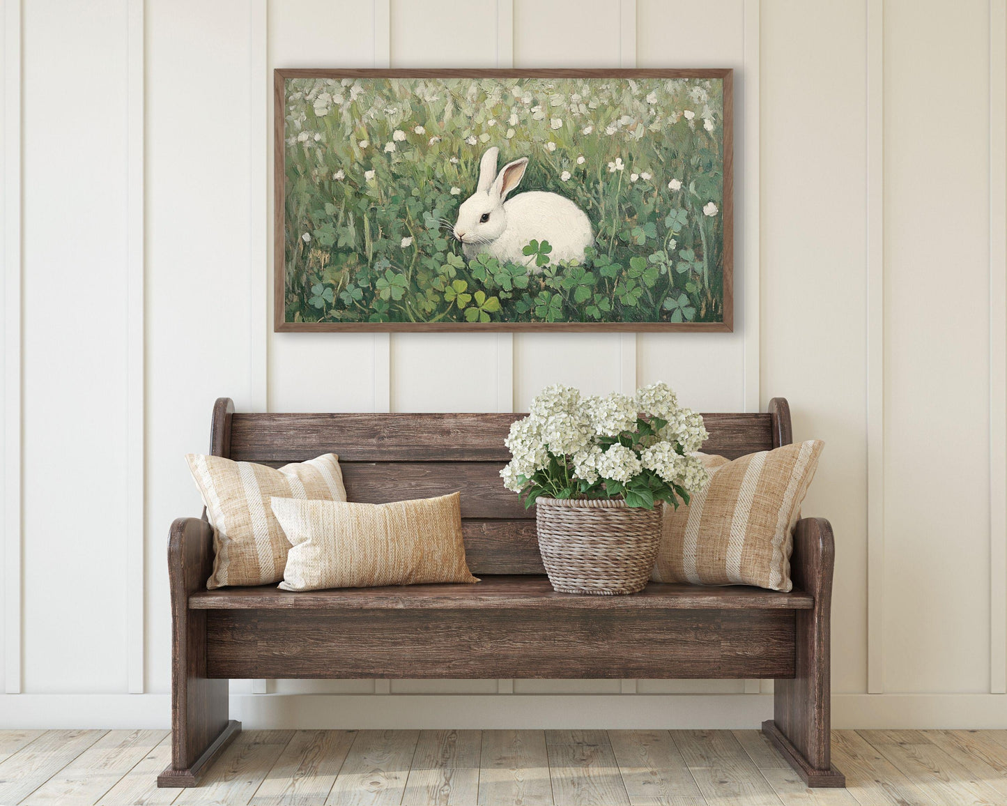 FRAME TV art White Rabbit in Clovers, Spring Samsung Frame tv art Easter bunny, St Patrick's Day vintage style painting green | TV635