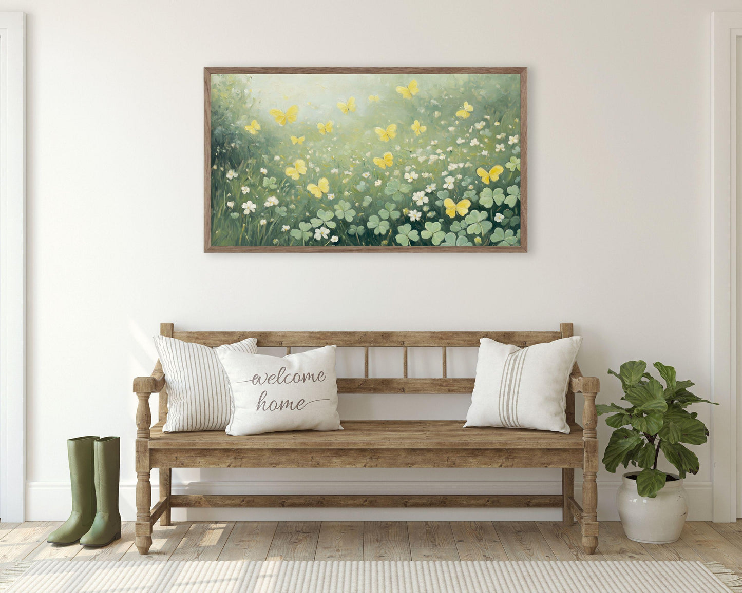 Spring FRAME TV art Butterflies and Clovers, Samsung Frame tv art St Patrick's Day tv screensaver green yellow, Cute floral painting | TV638