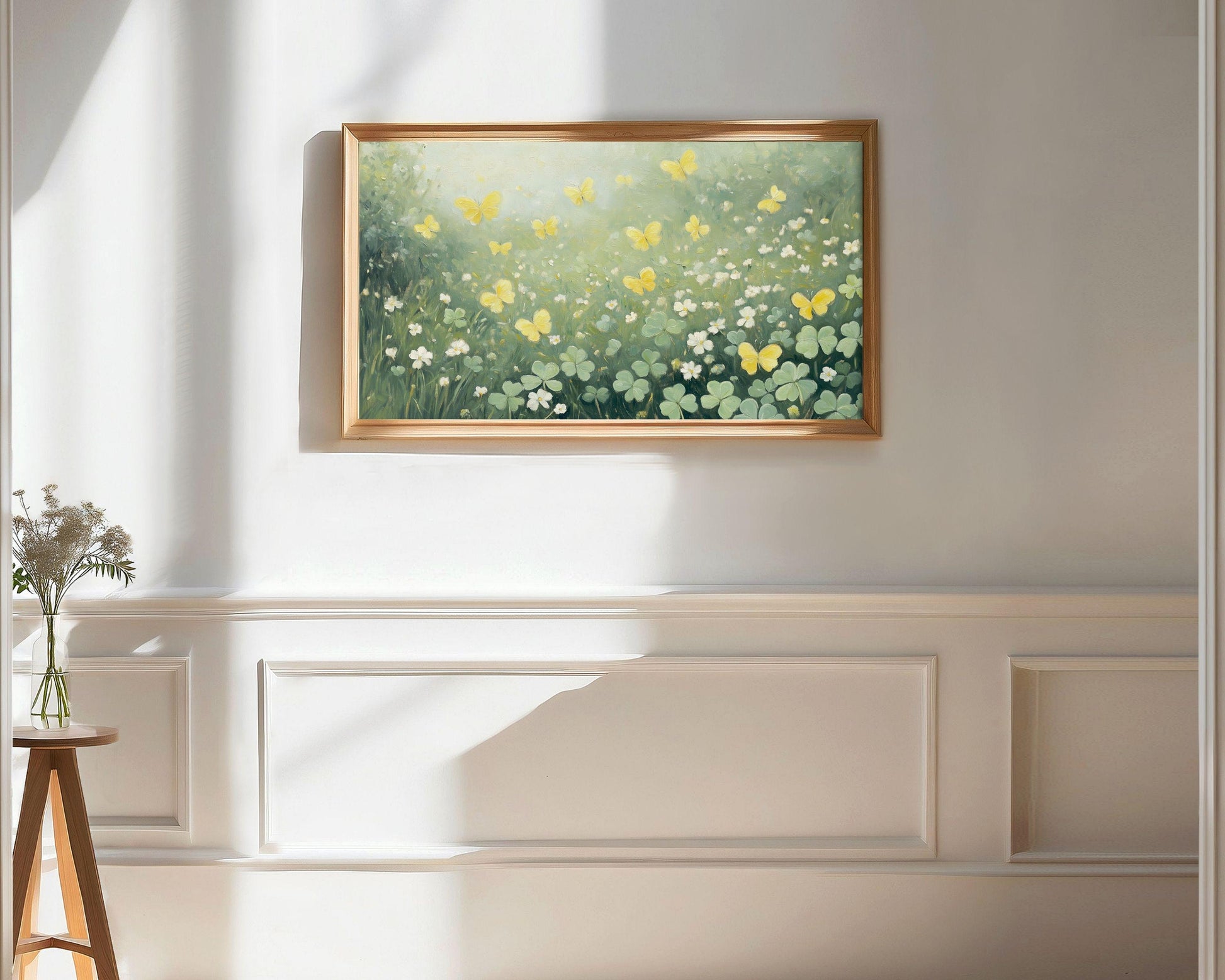 Spring FRAME TV art Butterflies and Clovers, Samsung Frame tv art St Patrick's Day tv screensaver green yellow, Cute floral painting | TV638