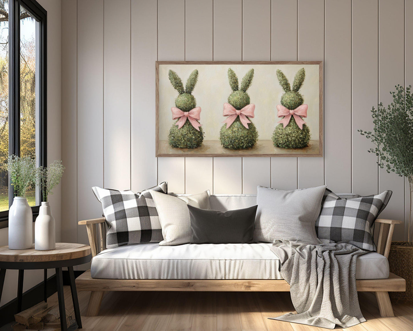 Easter Topiary Bunnies with Pink Bows Frame TV Art