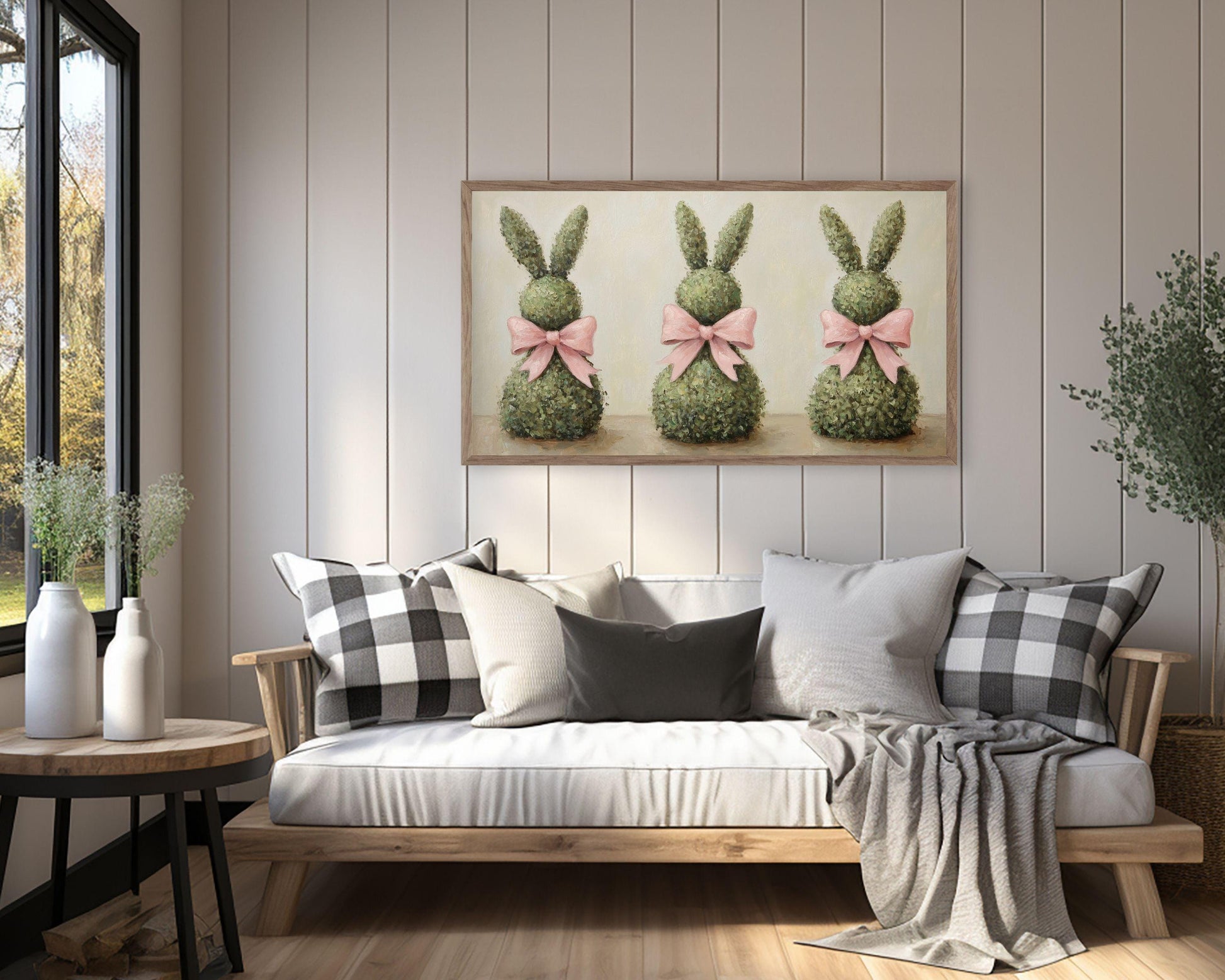 Easter Topiary Bunnies with Pink Bows Frame TV Art