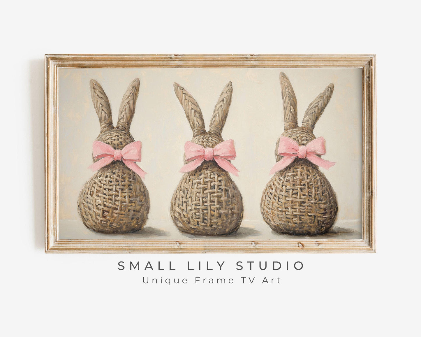 Easter FRAME TV art Wicker Bunnies with Pink Bows, Cute Spring TV art neutral painting, Samsung Frame tv art screensaver for kids | TV668