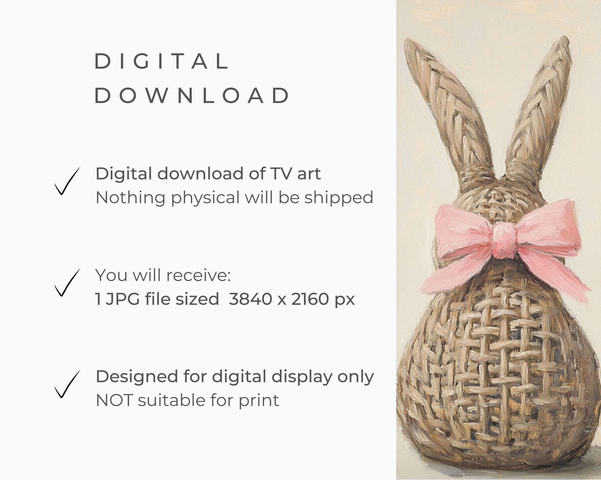 Easter FRAME TV art Wicker Bunnies with Pink Bows, Cute Spring TV art neutral painting, Samsung Frame tv art screensaver for kids | TV668