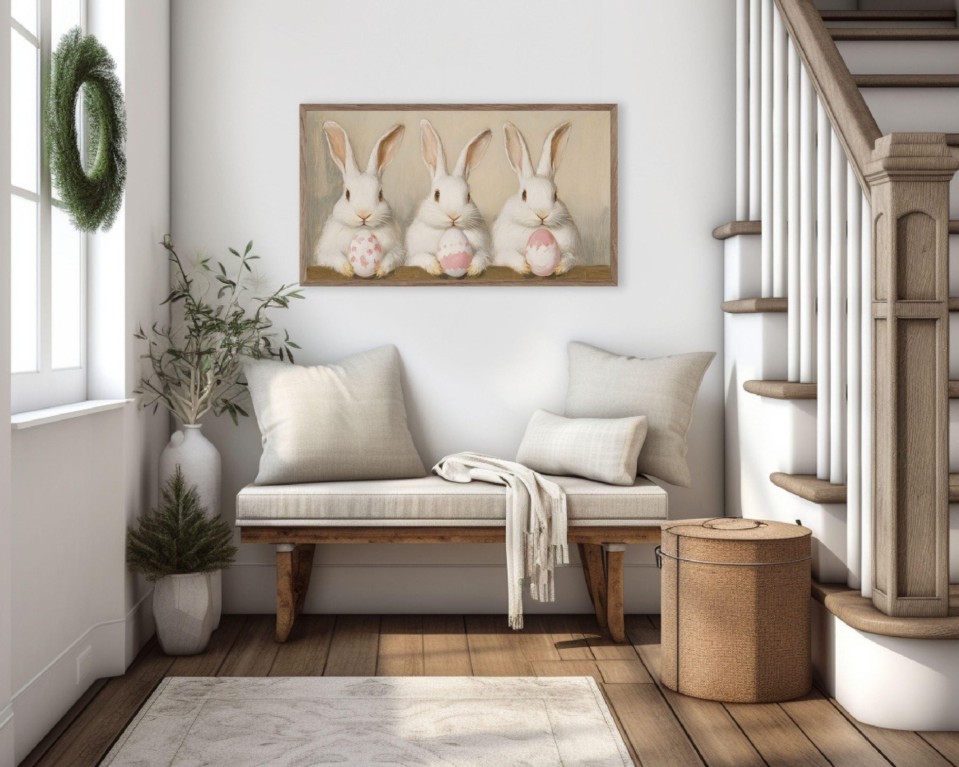 FRAME TV art Bunnies Holding Easter Eggs, Cute Spring TV art rabbits painting, Samsung Frame tv art screensaver for kids white bunny | TV677