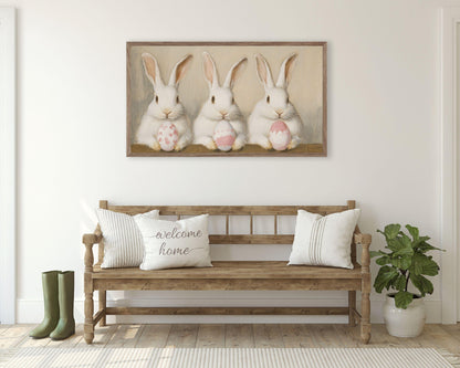 FRAME TV art Bunnies Holding Easter Eggs, Cute Spring TV art rabbits painting, Samsung Frame tv art screensaver for kids white bunny | TV677